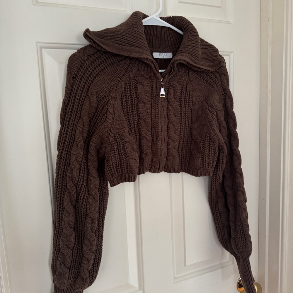 Grey Bandit Brown Cable Knit Cropped Zip Up Cardigan - Picture 3 of 7
